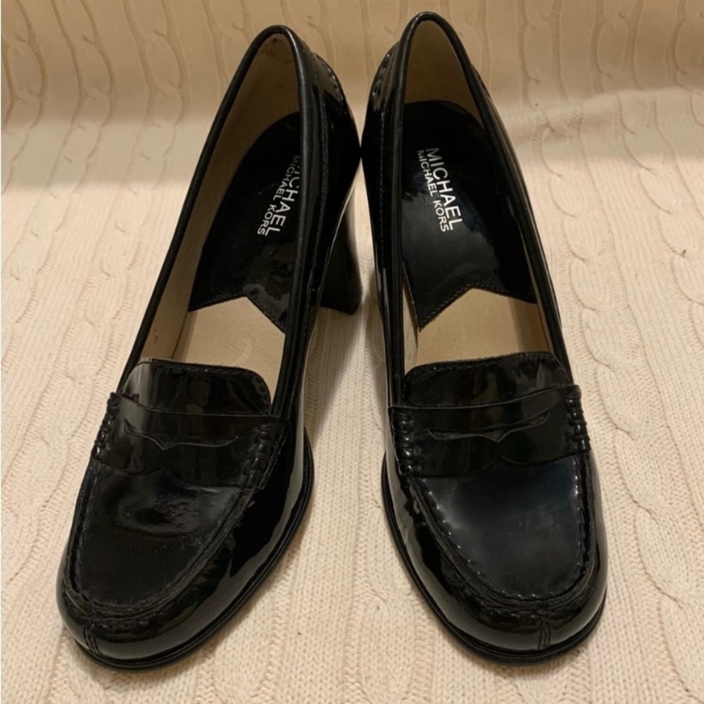 Michael Kors Black Patent Leather Loafer block heels .